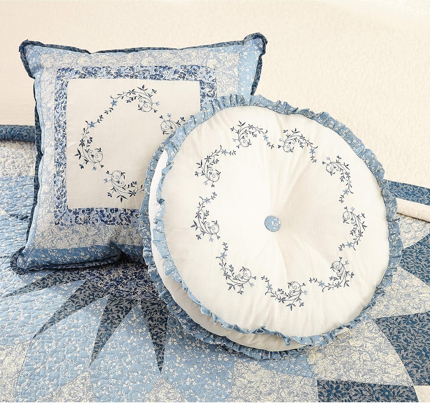 Blue Embroidered Floral Square Pillowcase 16 inches